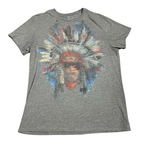 American Eagle Indian Chief Colorful Head Feathers Men’s Sz L Gray Tee